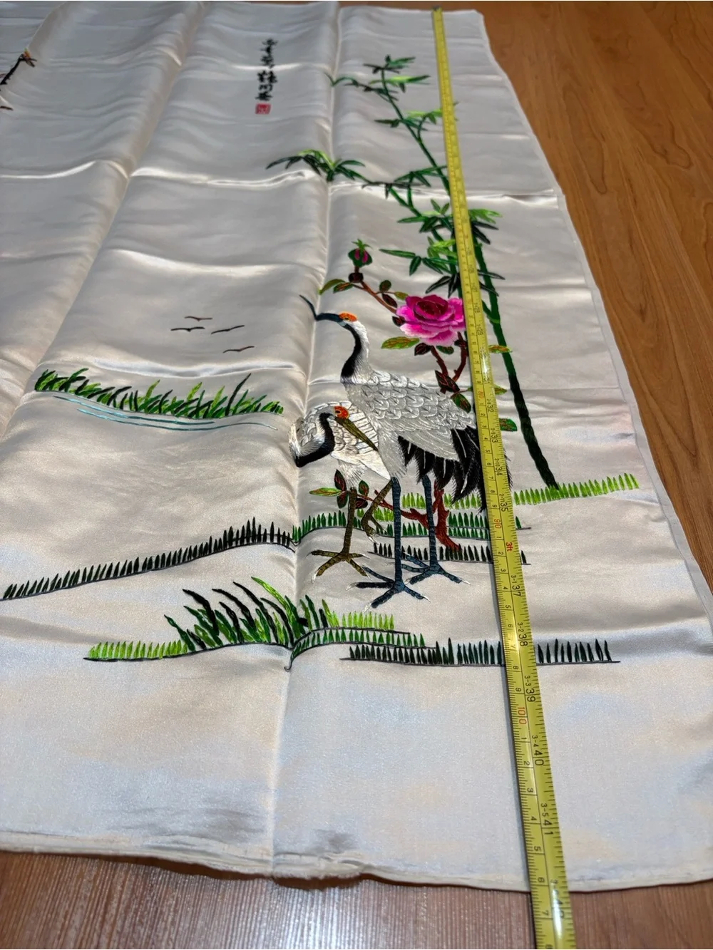 Vintage Chinese Silk Embroidered Crane & Floral Panel